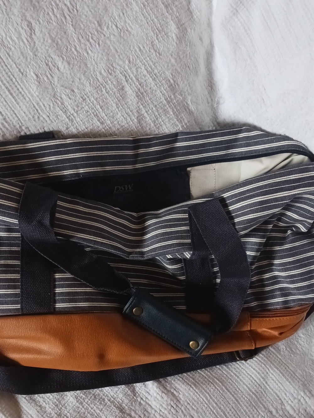 DSW Navy and Brown Striped Canvas Duffel